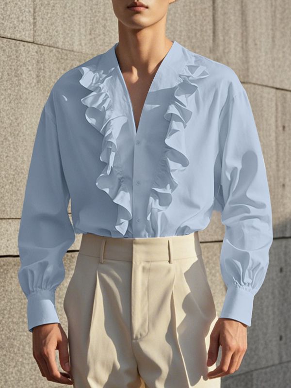 Men's Solid Color Ruffle Patchwork Long Sleeve Shirt SKUL42709