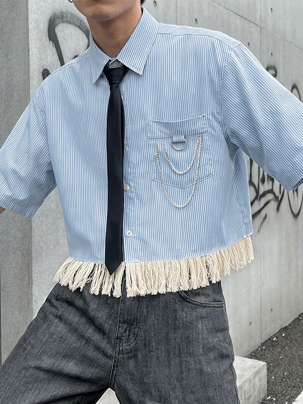 Men's Metal Chain Detail Fringe Patchwork Shirt SKUL54652