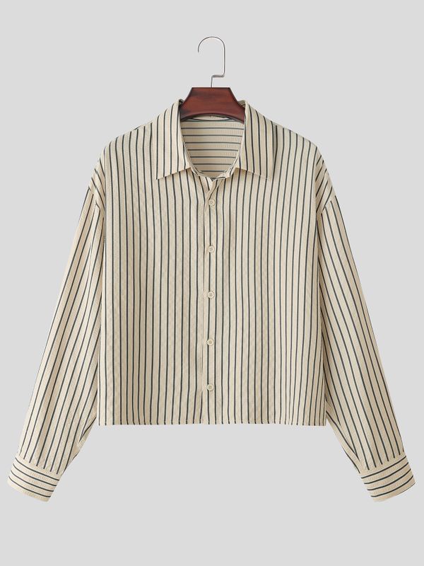 Men's Korean Minimalist Striped Boxy Cropped Dropped Shoulder Long Sleeve Shirt SKUL76406