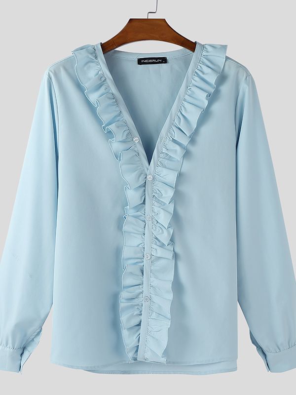 Men's Solid Color Ruffle V-Neck Long Sleeve Shirt SKUL50528