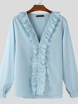 Men's Solid Color Ruffle V-Neck Long Sleeve Shirt SKUL50528