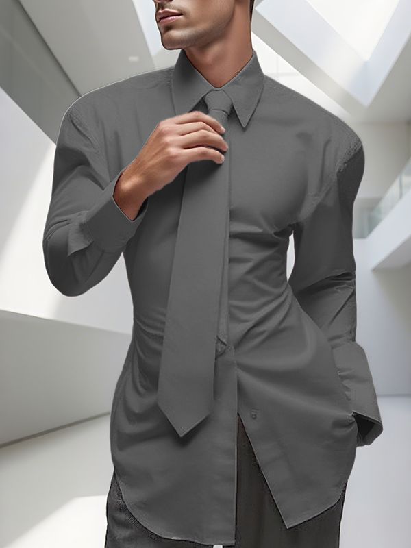 Men's Solid Waist Tie Long Sleeve Shirt SKUL31936