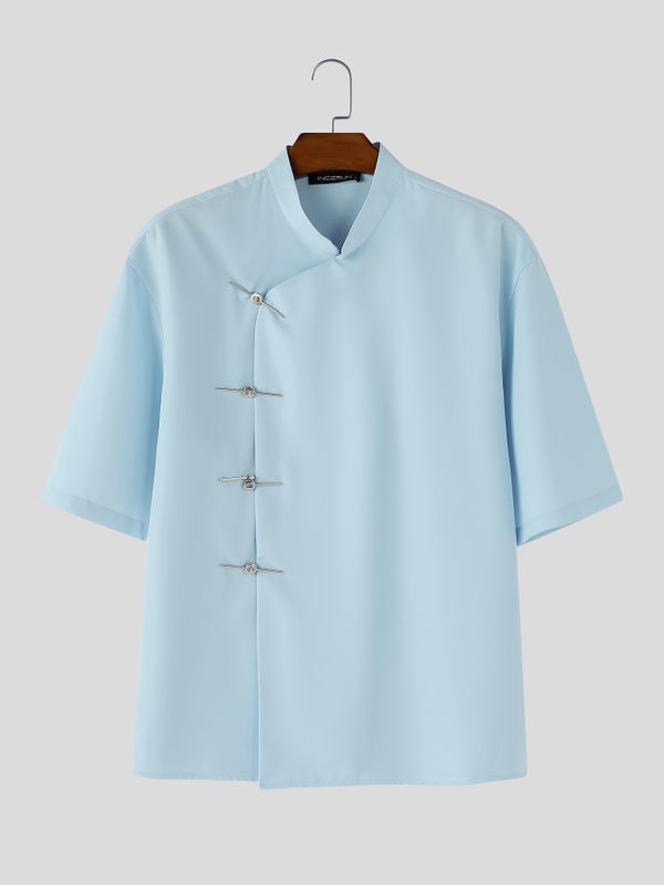Men's Solid Color New Chinese Style Asymmetric Short Sleeve Shirt SKUL56321