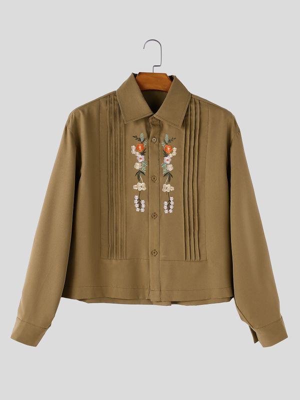 Men's Early Autumn Urban Casual Embroidered Pleated Cropped Long Sleeve Turn-Down Collar Shirt SKUL78974