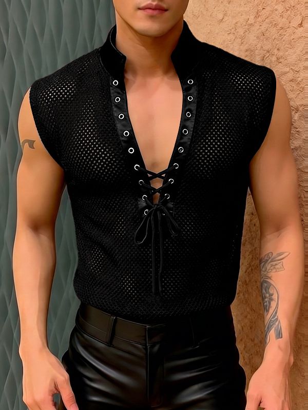 Men's Knit Mesh Drawstring Tie Stand Collar Tank SKUL48008