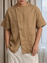 Men's High-Street Neo-Chinese Asymmetric Covered Placket Short Sleeve Shirt SKUL74759