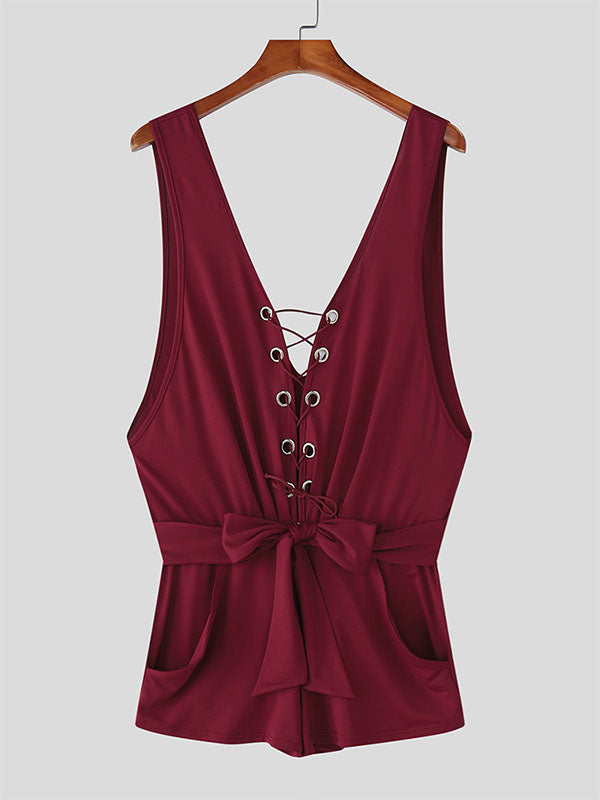 Mens Drawstring Knit Tie-Strap Sleeveless Bodysuit SKUL14199