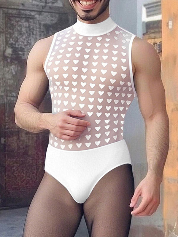 Mens Heart Print Sheer Mesh Bodysuit SKUL13903