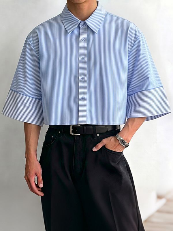 Men's American Vintage Striped Cropped Short Sleeve Shirt SKUL74515