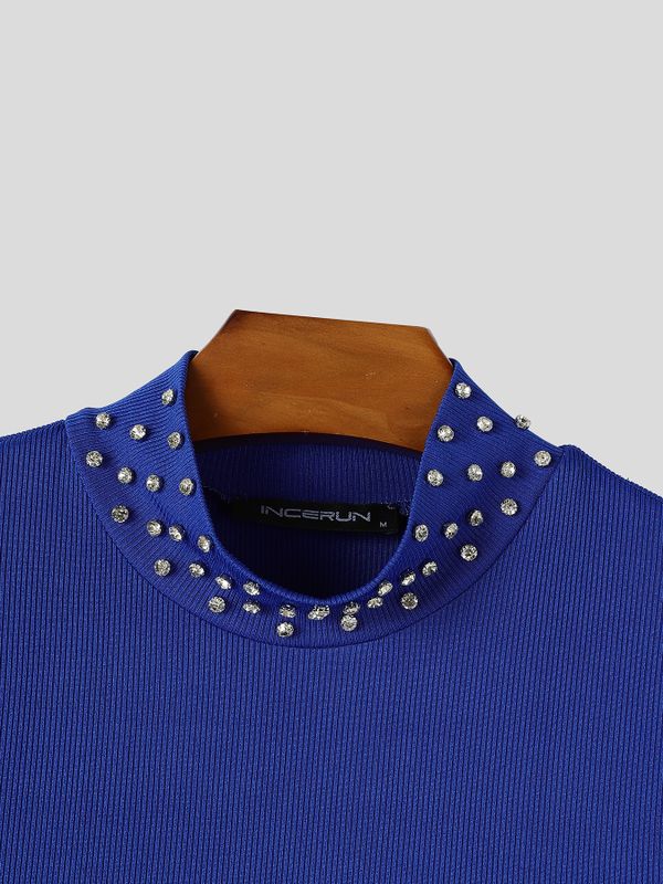 Men's Clean Fit Cocktail Party Fine Ribbed High Stretch Crystal Detail Fitted Short Sleeve Mock Neck T-shirt SKUL83260