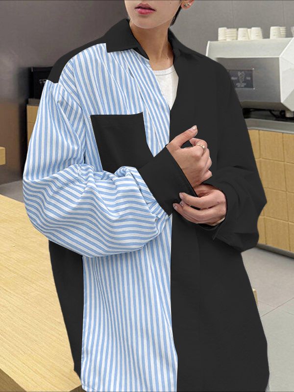 Men's Striped Contrast Color Asymmetrical Long Sleeve Shirt SKUL46425