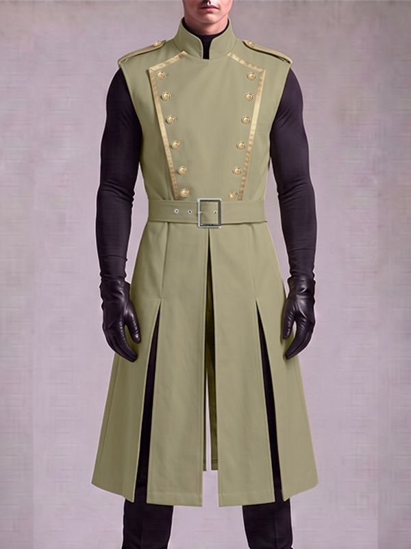 Men's Avant-Garde Retro Military Epaulet Double Breasted Knee Length Sleeveless Mandarin Collar Waistcoat SKUL81731