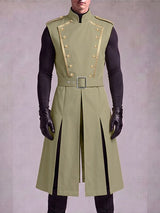 Men's Avant-Garde Retro Military Epaulet Double Breasted Knee Length Sleeveless Mandarin Collar Waistcoat SKUL81731
