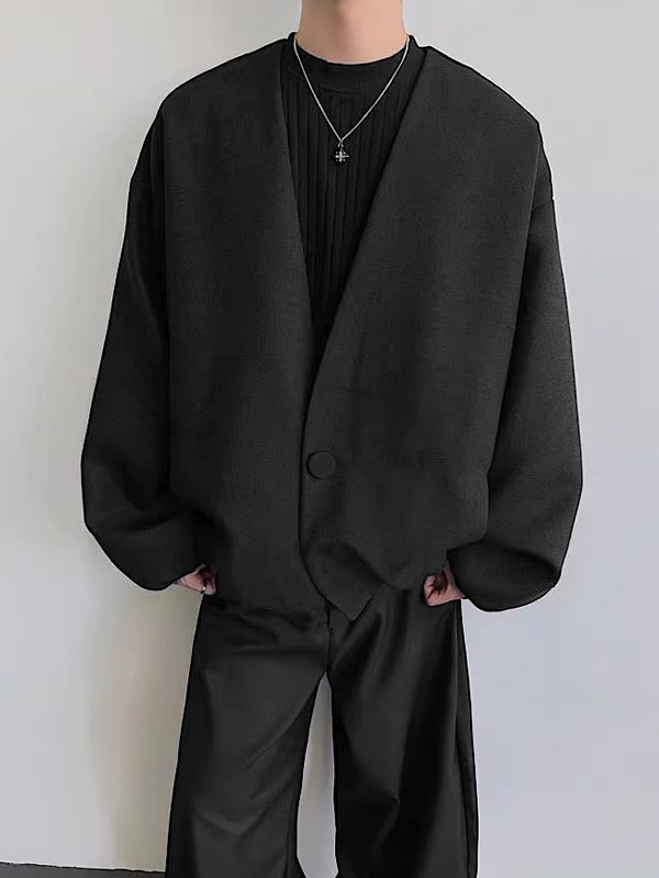 Men's Single Breasted Collarless Long Sleeve Cardigan SKUL37287