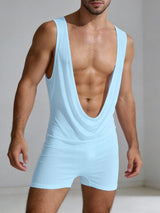 Men's Solid Color Knit Draped Neck Boxer Bodysuit SKUL57719