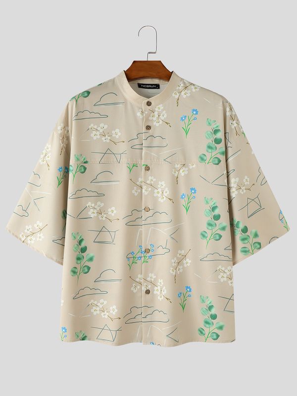 Men's Modern Neo-Chinese Landscape Floral Graphic Print Loose Batwing Sleeve Shirt SKUL73743