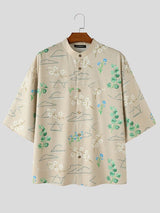 Men's Modern Neo-Chinese Landscape Floral Graphic Print Loose Batwing Sleeve Shirt SKUL73743