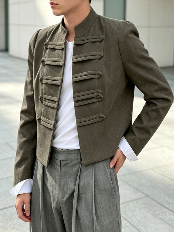 Men's Retro Party Hussar Military Frogging Cropped Long Sleeve Stand Collar Jacket SKUL81161