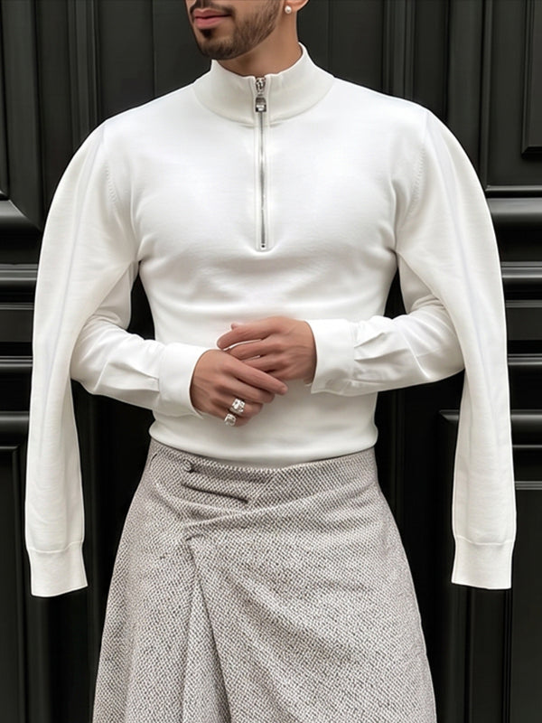 [Pre-order] Men's Avant-Garde Deconstructed Stage Runway Layered Double-Sleeve Half-Zip T-shirt SKUL88390