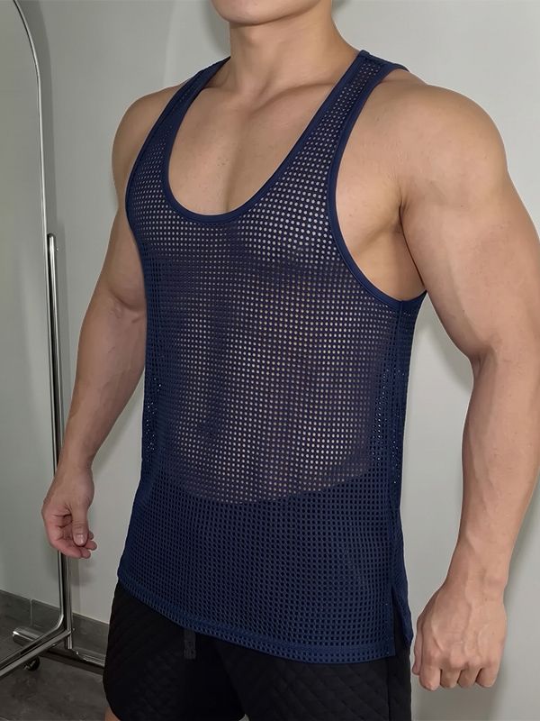 Men's Sexy Gym See-Through Fishnet Mesh Muscle Slim Sleeveless Scoop Neck Tank SKUL76004