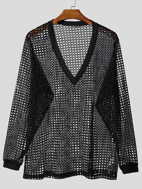 Men's Sheer Mesh Deep V Neck Long Sleeve T-shirt SKUL46266