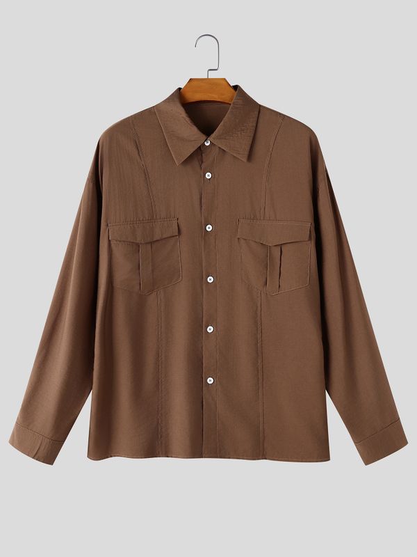 Men's Japanese Streetwear City Boy Oversized Boxy Cropped Utility Button-Up Shirt SKUL78182