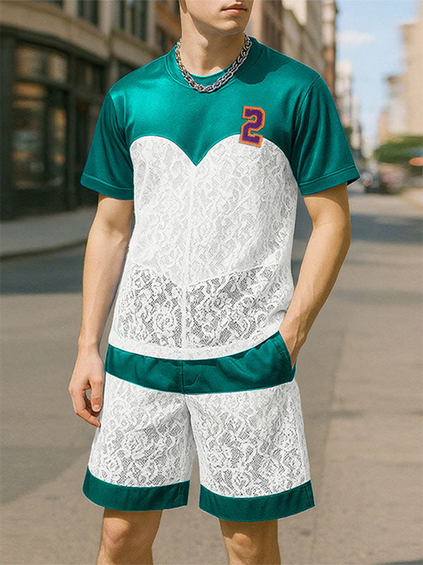 Mens Digital Print Lace Patchwork Two Pieces Outfit SKUL20285