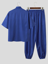 Men's Vintage Casual Vertical Striped Frog Button Stand Collar Two Pieces Outfit SKUL62046