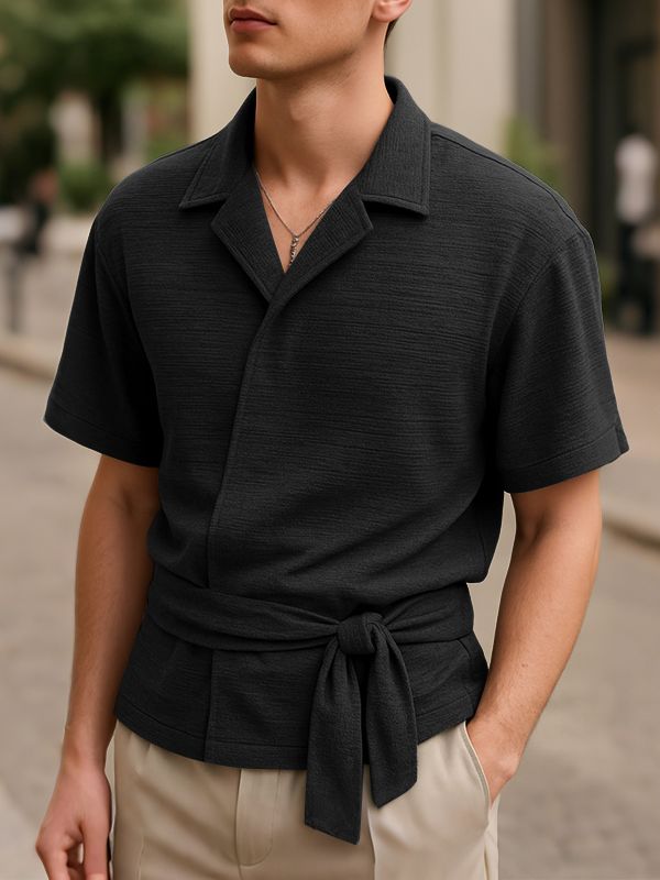 Men's Solid Color Slant Placket Tie Long Sleeve Shirt SKUL29747