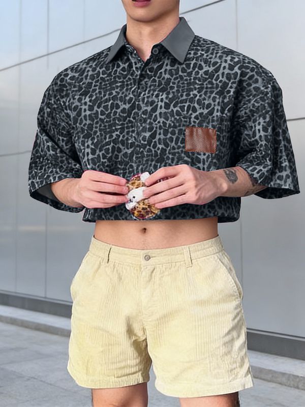 Men's Leopard Print Cropped Short Sleeve Shirt SKUL57156
