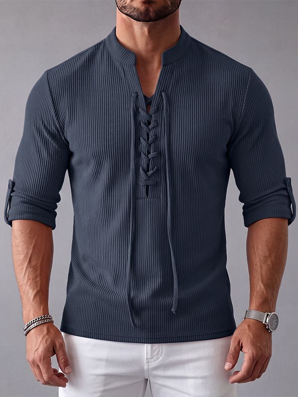 Men's Early Autumn Urban Casual Drawstring Front Textured Long Sleeve T-shirt SKUL81069