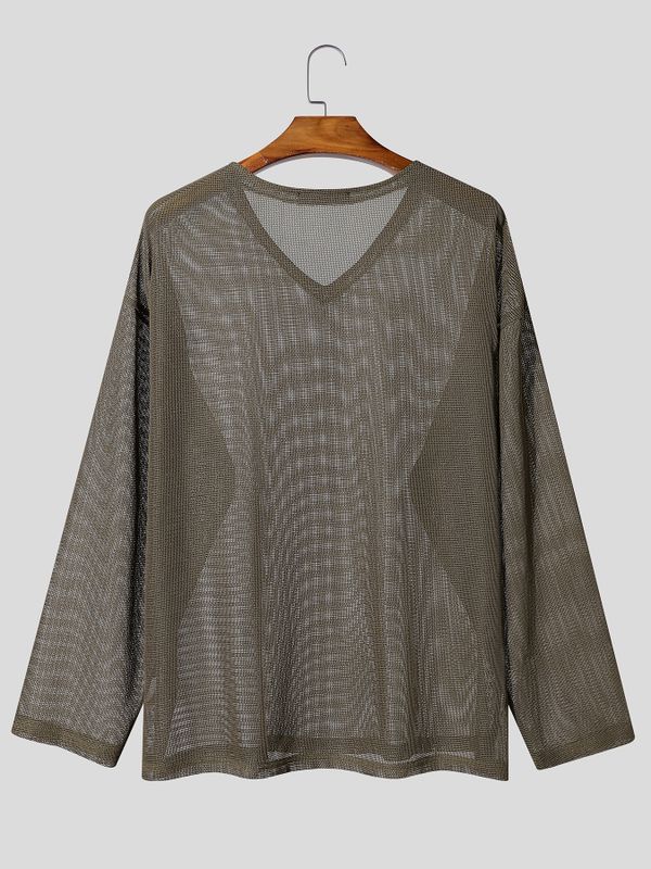 Men's Avant-Garde Sheer Mesh V-Neck Drop-Shoulder T-shirt SKUL80625