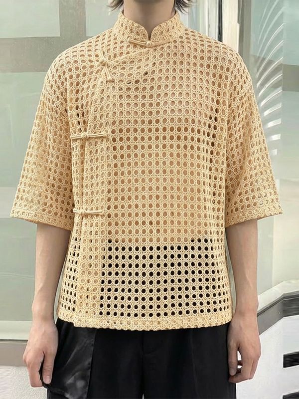 Men's Hollow Out Mesh Frog Button Half Sleeve Shirt SKUL55348