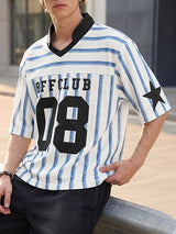 Men's American Streetwear Blokecore Striped Number Print Contrast Dropped Shoulder Short Sleeve Shirt SKUL69691