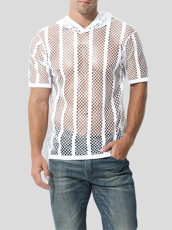 Mens Striped Mesh See Through Hooded T-Shirt SKUK05100