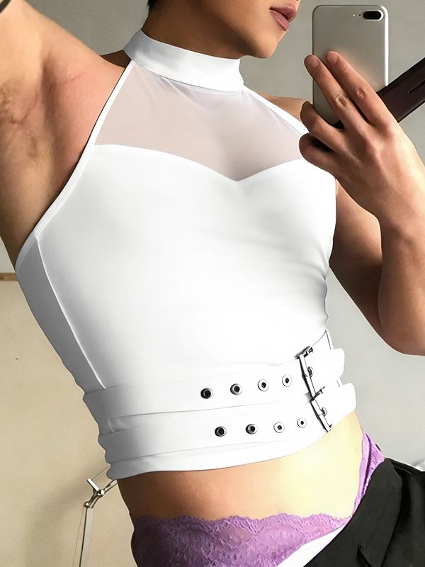 Men's Avant-Garde Mock Neck Mesh Panel Double Buckle Cropped Tank SKUL55394