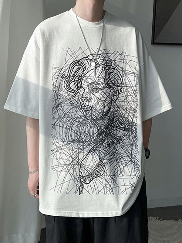 Mens Hand Painted Figure Print Loose T-Shirt SKUK07621