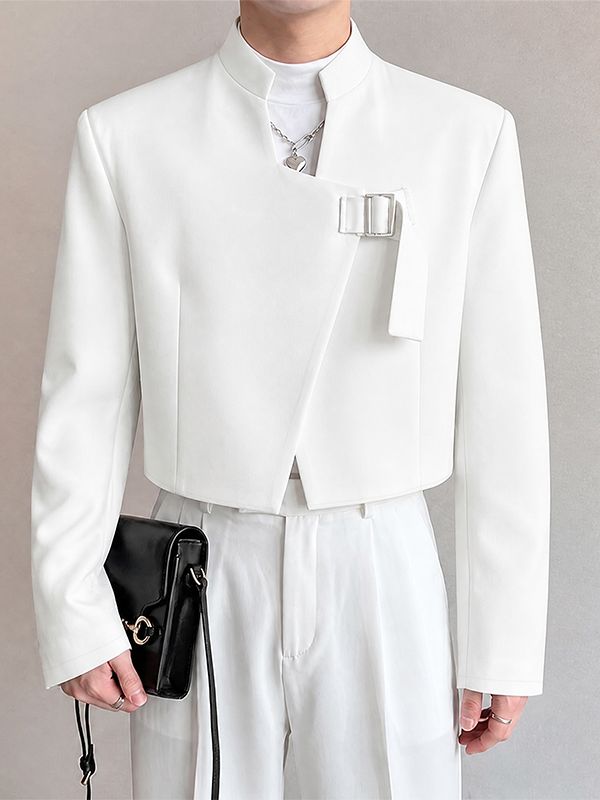 Men's Avant-Garde Deconstructed Stage Runway Asymmetric Stand Collar Buckle Cropped Blazer SKUL85938