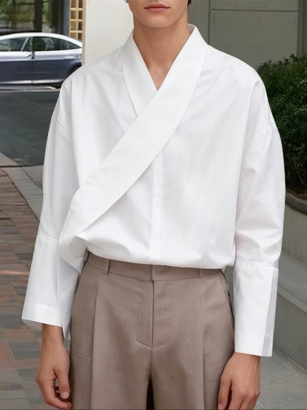Men's Solid Color Asymmetric Placket Long Sleeve Shirt SKUL46085