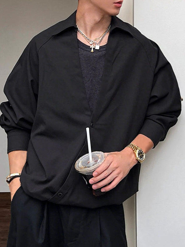 Men's Solid Color Button V Neck Long Sleeve Shirt SKUL41395