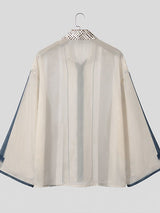 Men's Retro Early Autumn Sheer Stripe Contrast Polka Dot Lantern Long Sleeve Lapel Collar Shirt SKUL77321