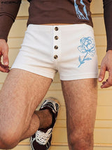 Men's Y2K Gender-Fluid Ribbed Knit Button-Fly Rose Graphic Booty Short SKUL78013