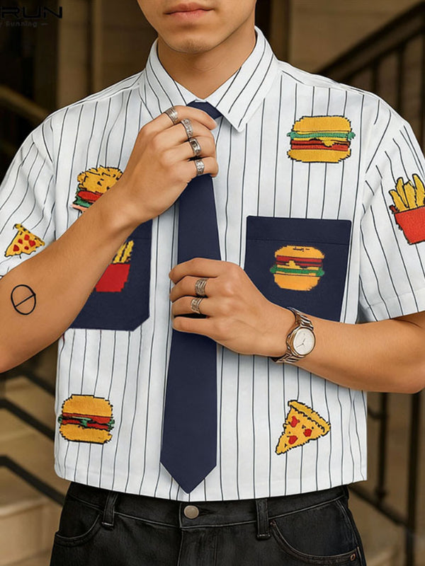 Men's Fun Print Color Block Striped Short Sleeve Shirt SKUL35037