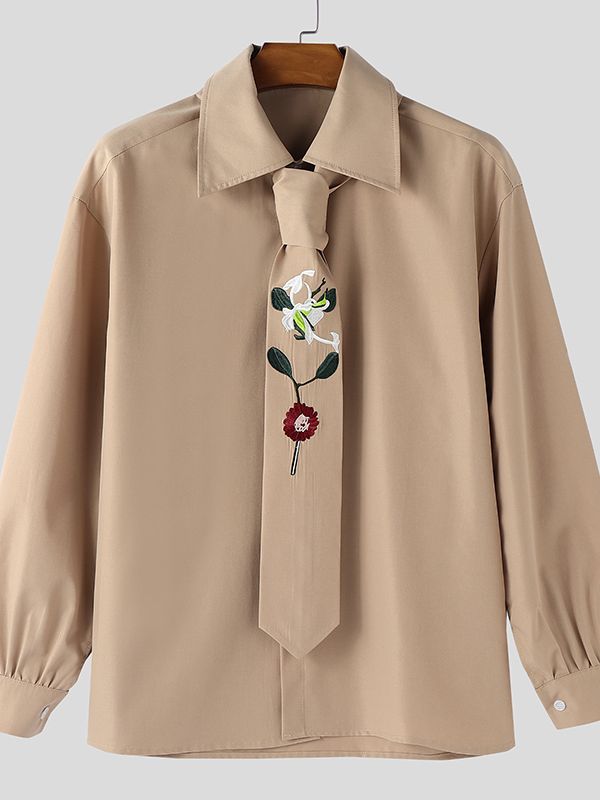 Men's Embroidered Tie Long Sleeve Shirt SKUL44951