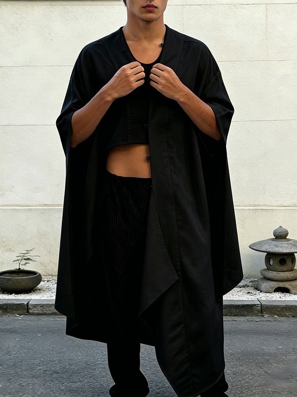 Men's Avant-Garde Asymmetrical Cropped High-Low Button-Up Cape Shirt SKUL64275