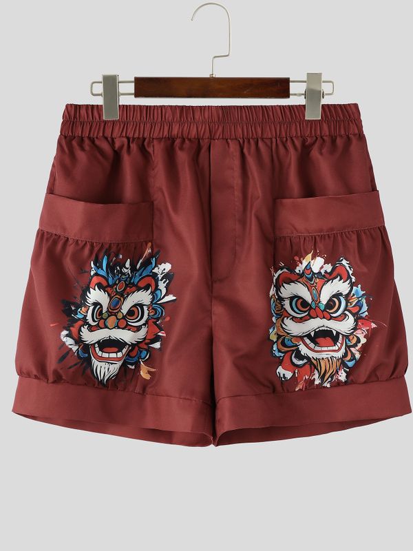 Men's Vintage Modern Chinese Lion Dance Graphic 3D Pocket Loose Cargo Short SKUL63709