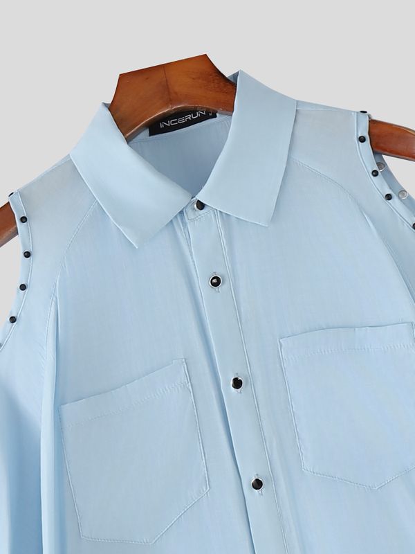 Men's Avant-Garde Riveted Cold-Shoulder Utility Short Sleeve Shirt SKUL54737