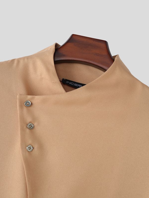Men's Avant-Garde Neo-Chinese Asymmetric Drape-Collar Drop-Shoulder Roll-Up Sleeve Shirt SKUL75818