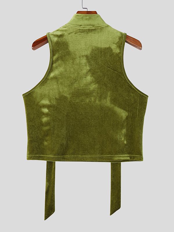 Men's Ribbon Patchwork Velvet Frog Button Stand Collar Cropped Tank SKUL51873