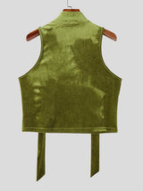 Men's Ribbon Patchwork Velvet Frog Button Stand Collar Cropped Tank SKUL51873